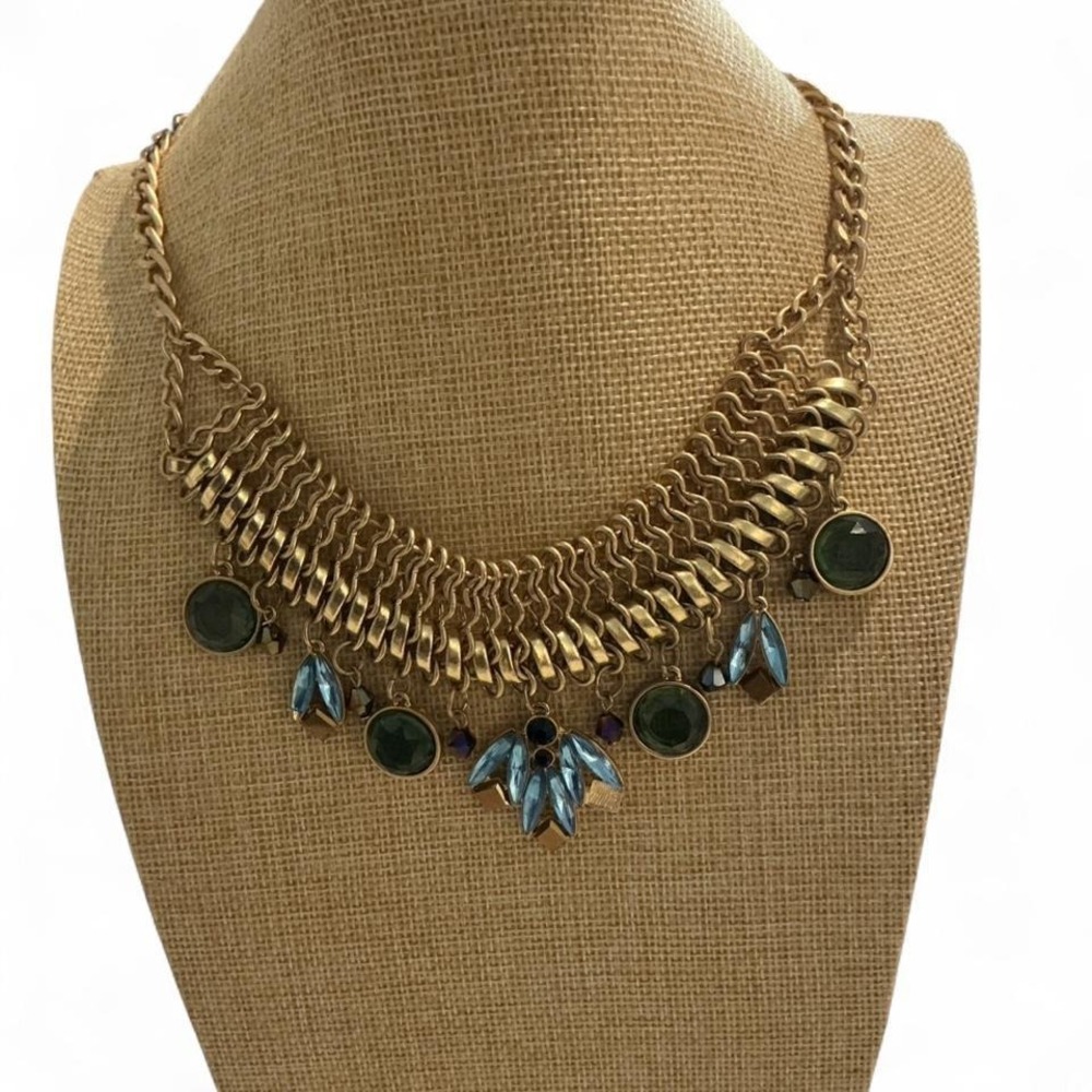 Unbranded Statement Bib Necklace Women OS Gold Blue Green Excellent Chunky Jewel
